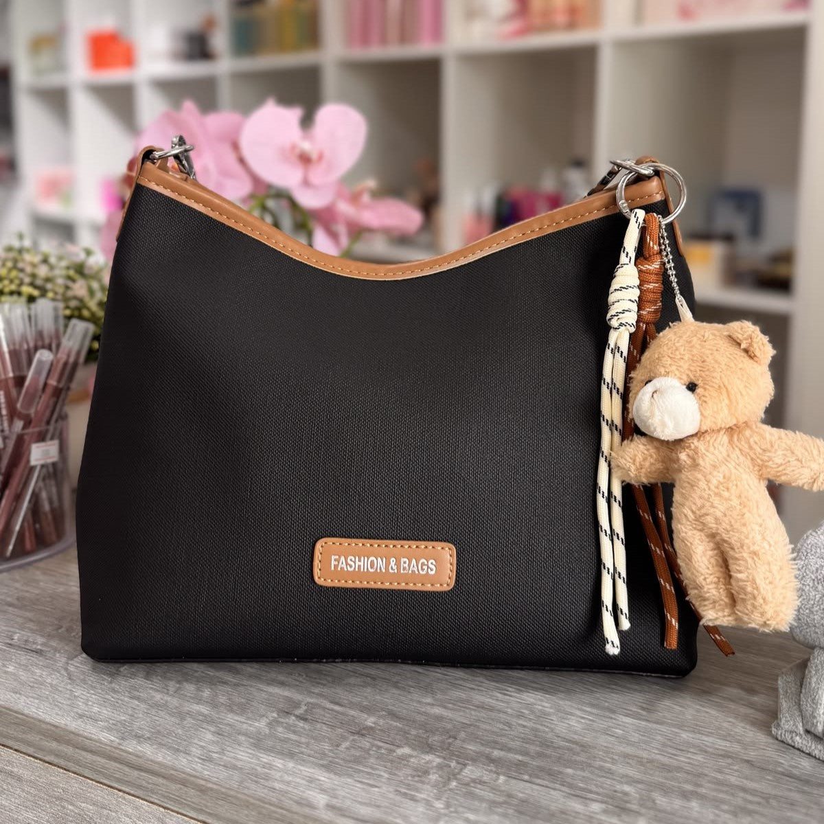 Chic Casual Women's Handbag with Teddy Bear Charm