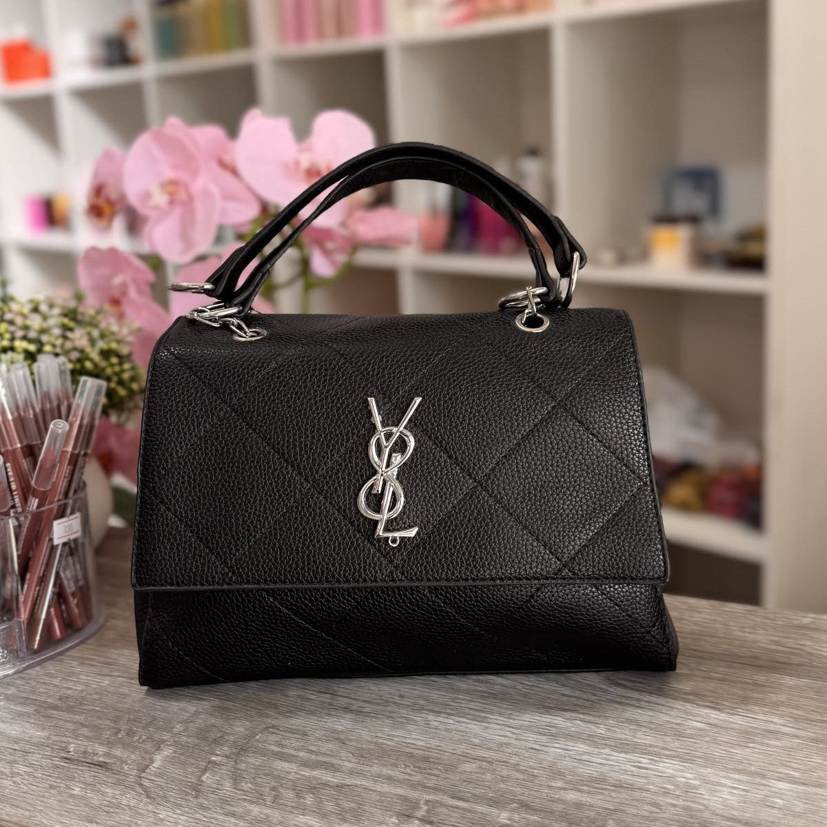 YSL Chic Quilted Black Women's Handbag with Silver Metallic Logo
