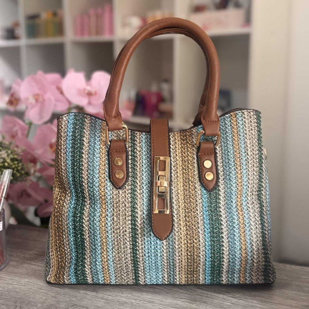Stylish Striped Women's Handbag with Leather Details