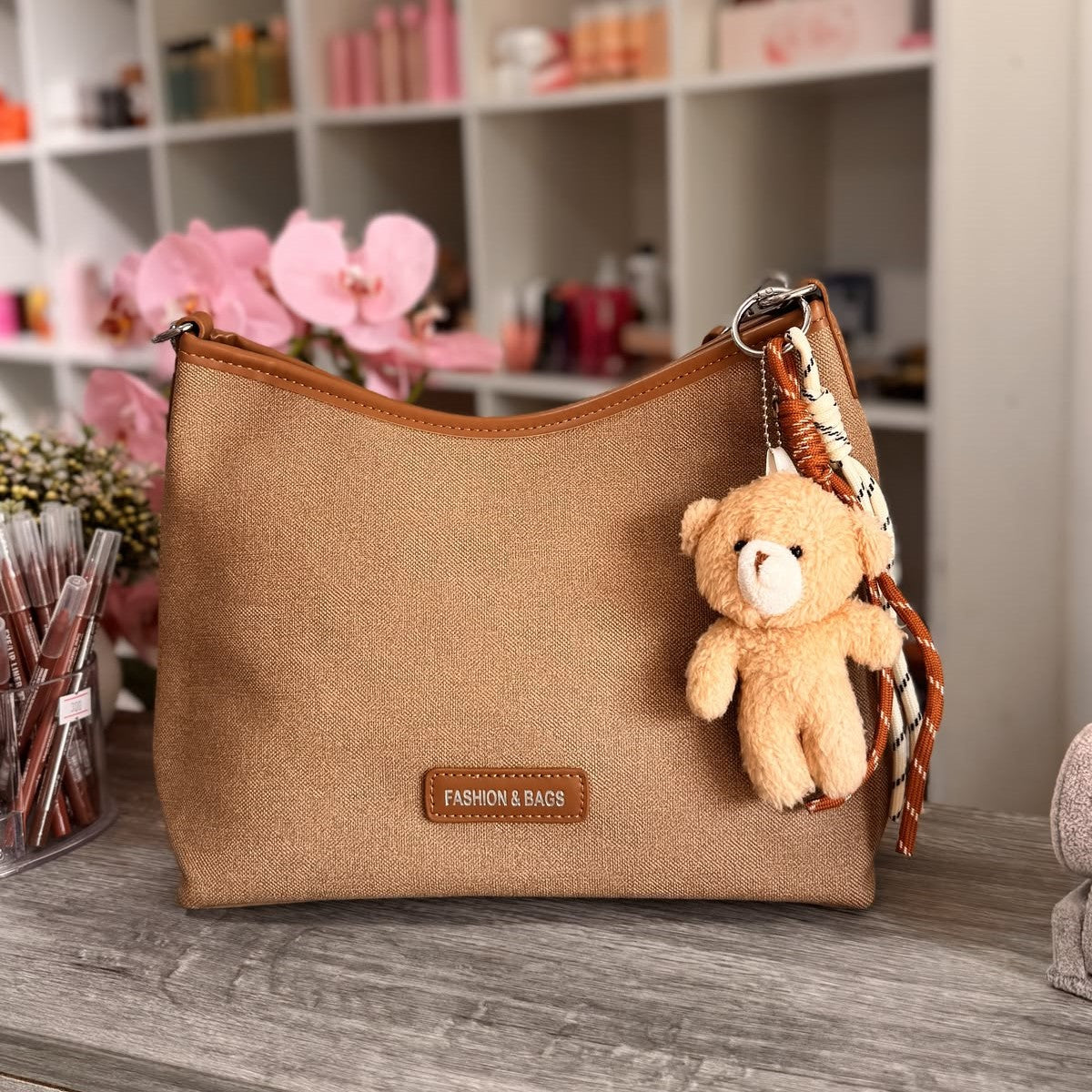 Chic Casual Women's Handbag with Teddy Bear Charm