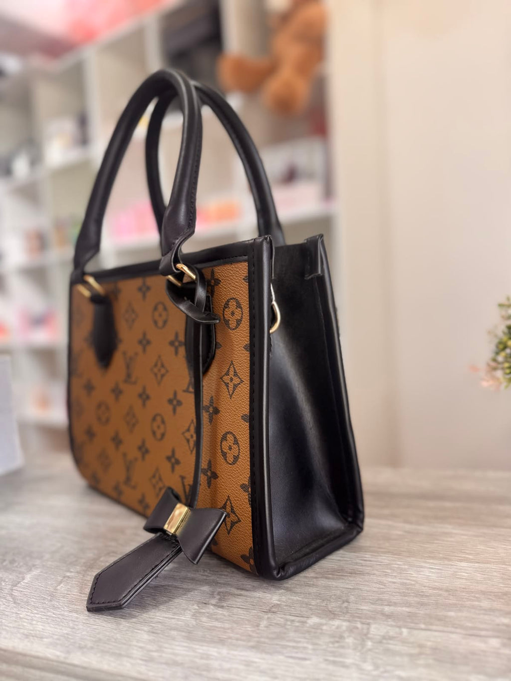 LV Classic Monogram Women's Handbag with Black Trim & Chic Bow Charm