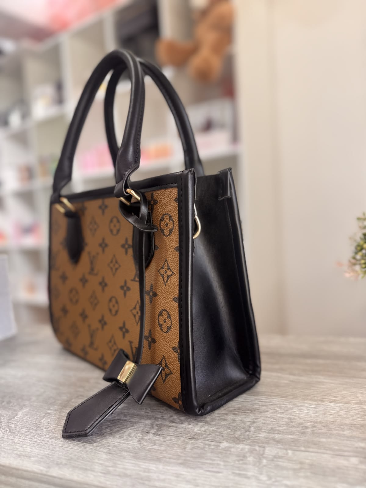 LV Classic Monogram Women's Handbag with Black Trim & Chic Bow Charm