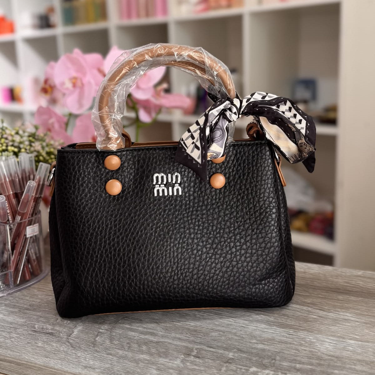 min min Chic Mini Women's Handbag with Scarf & Contrast Leather Handles