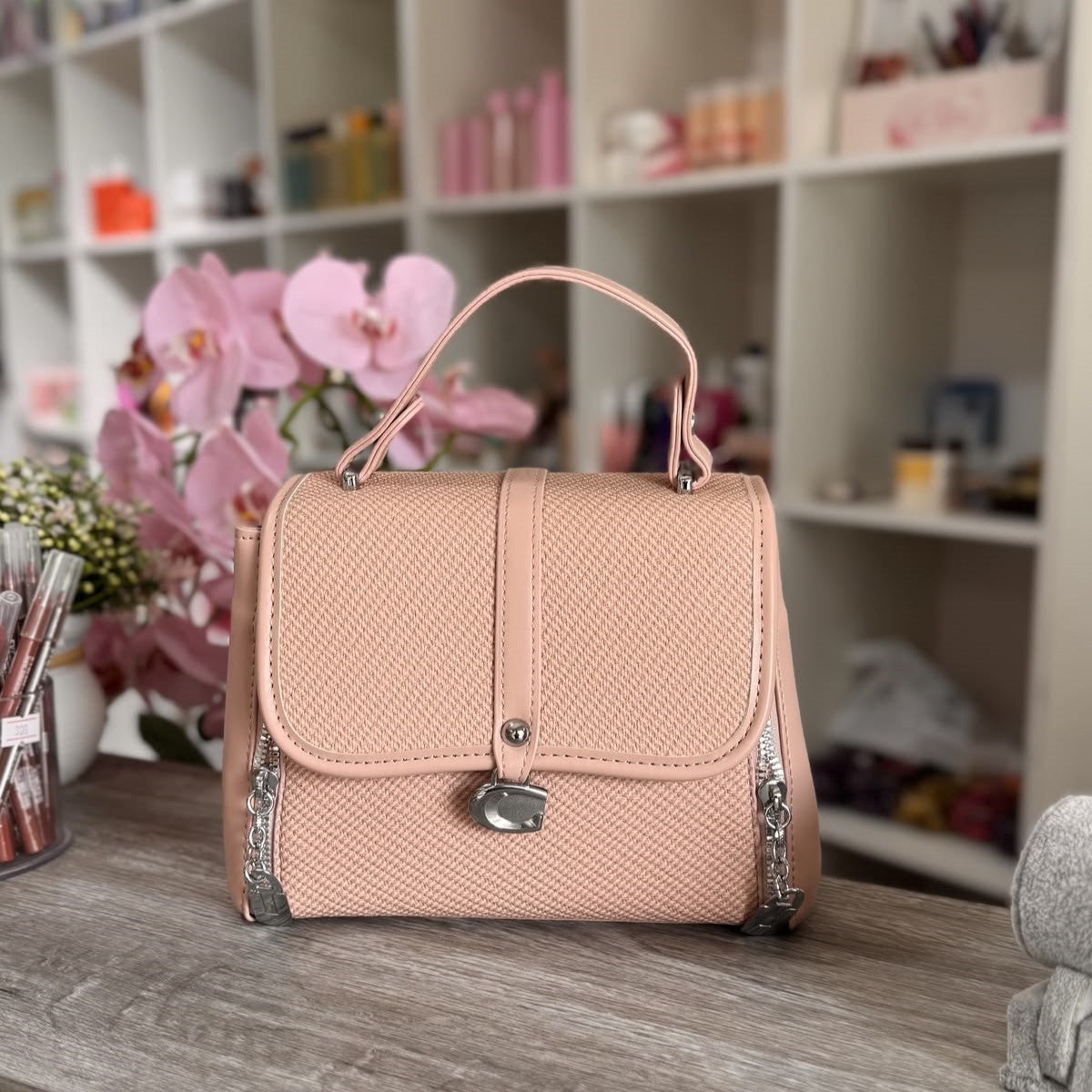 Elegant Classic Pink Women's Handbag with Metallic Details